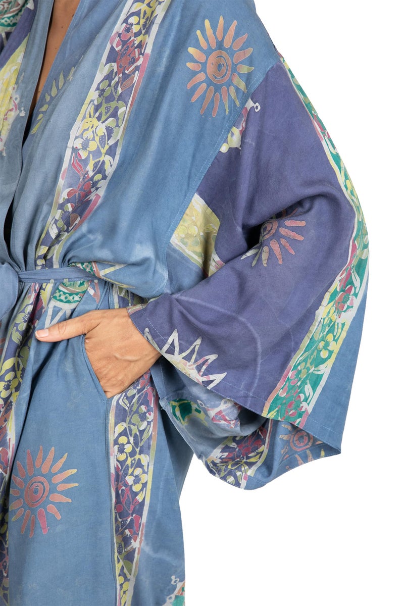 NOVICA Artisan Hand-Painted Long Kimono Patterned Robe with Pockets for Women Lightweight Loungewear from Indonesia ' Blue Baliku' - Image 5